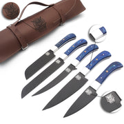Handmade Black Coated Kitchen Knife Set with Blue wood handle and D 2 Steel Blade, Chef’s Knives set with Leather Pouch Roll and High Tempered Razor-Sharp Blade (CS-22)