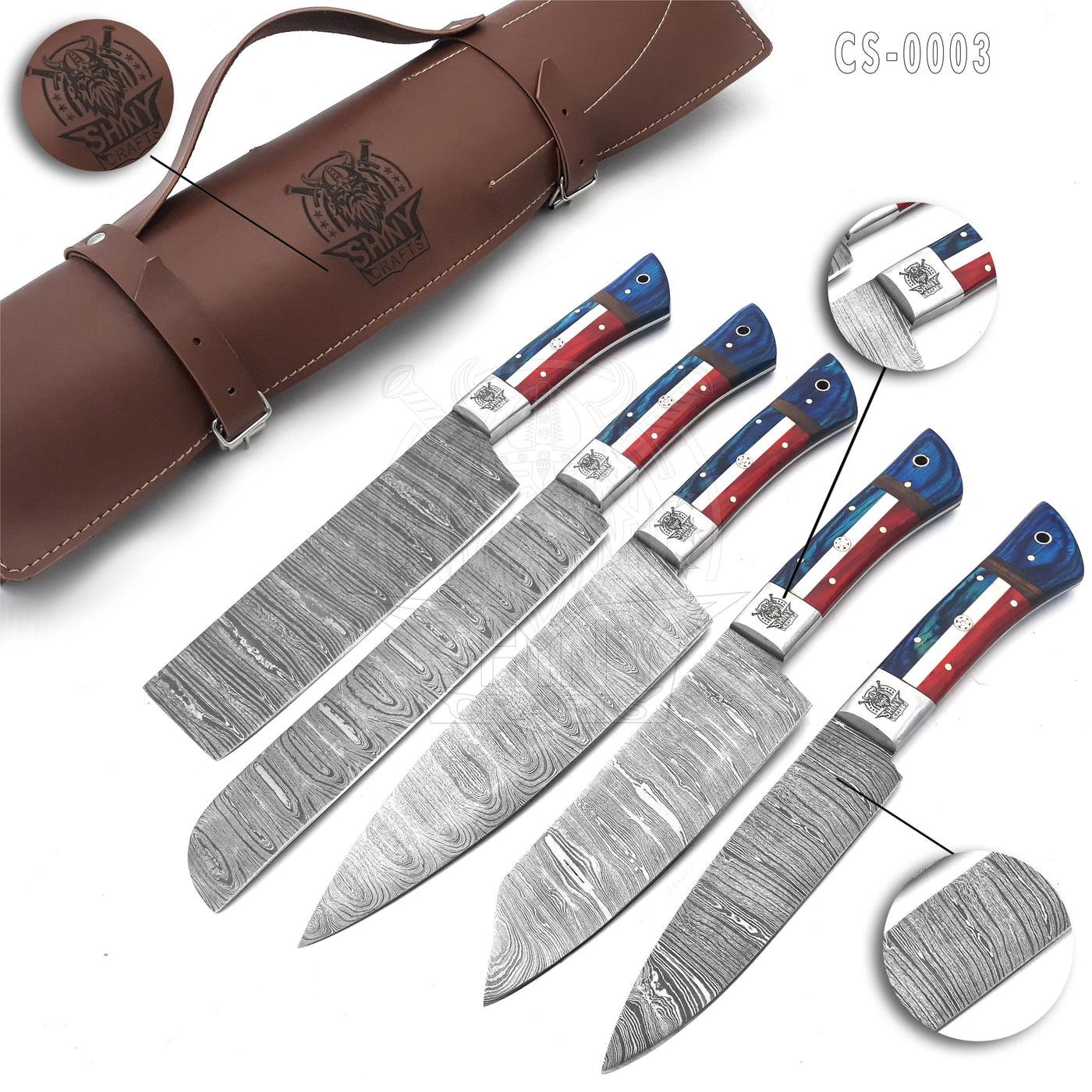 Handmade Damascus Kitchen Knife Set with multi wood handle and Damascus Steel Blade, Chef’s Knives set with Leather Pouch Roll and High Tempered Razor-Sharp Blade (CS-03)