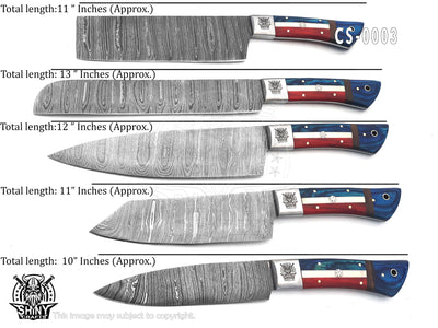 Handmade Damascus Kitchen Knife Set with multi wood handle and Damascus Steel Blade, Chef’s Knives set with Leather Pouch Roll and High Tempered Razor-Sharp Blade (CS-03)