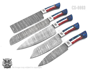 Handmade Damascus Kitchen Knife Set with multi wood handle and Damascus Steel Blade, Chef’s Knives set with Leather Pouch Roll and High Tempered Razor-Sharp Blade (CS-03)