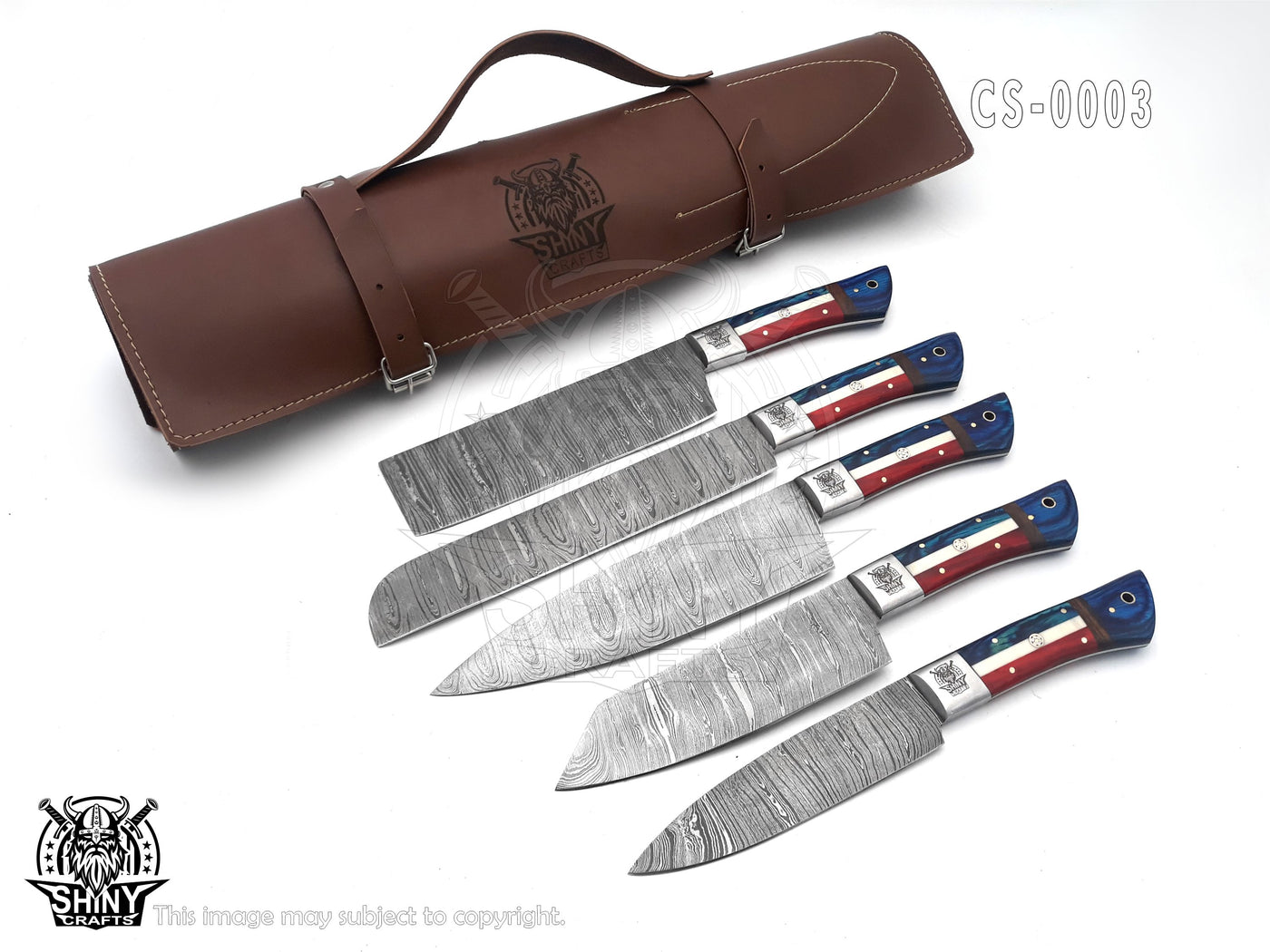 Handmade Damascus Kitchen Knife Set with multi wood handle and Damascus Steel Blade, Chef’s Knives set with Leather Pouch Roll and High Tempered Razor-Sharp Blade (CS-03)