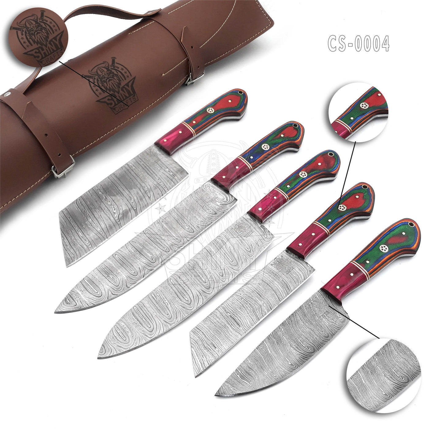 Handmade Damascus Kitchen Knife Set with wood handle and Damascus Steel Blade, Chef’s Knives set with Leather Pouch Roll and High Tempered Razor-Sharp Blade (CS-04)