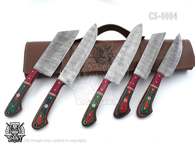 Handmade Damascus Kitchen Knife Set with wood handle and Damascus Steel Blade, Chef’s Knives set with Leather Pouch Roll and High Tempered Razor-Sharp Blade (CS-04)