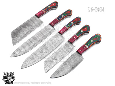 Handmade Damascus Kitchen Knife Set with wood handle and Damascus Steel Blade, Chef’s Knives set with Leather Pouch Roll and High Tempered Razor-Sharp Blade (CS-04)