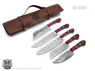 Handmade Damascus Kitchen Knife Set with wood handle and Damascus Steel Blade, Chef’s Knives set with Leather Pouch Roll and High Tempered Razor-Sharp Blade (CS-04)