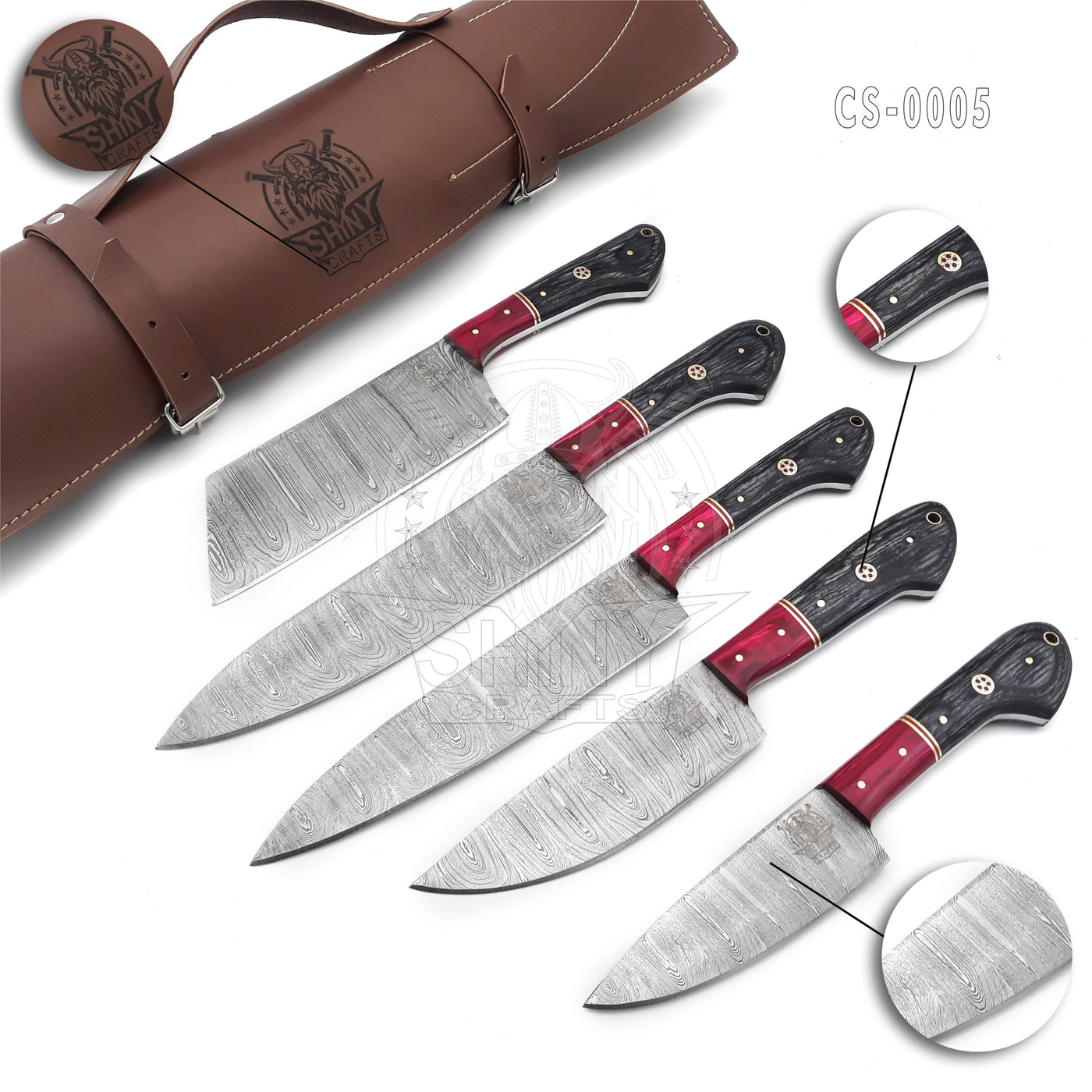 Handmade Damascus Kitchen Knife Set with wood handle and Damascus Steel Blade, Chef’s Knives set with Leather Pouch Roll and High Tempered Razor-Sharp Blade (CS-05)