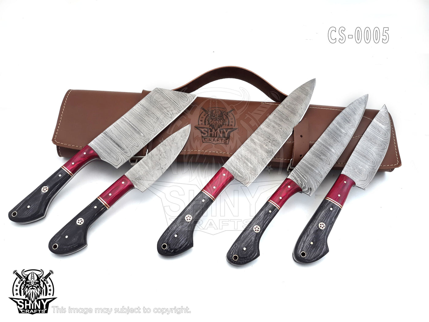 Handmade Damascus Kitchen Knife Set with wood handle and Damascus Steel Blade, Chef’s Knives set with Leather Pouch Roll and High Tempered Razor-Sharp Blade (CS-05)