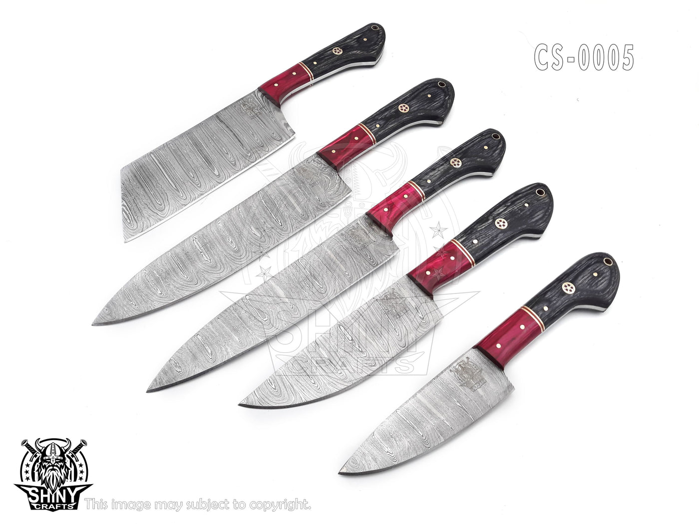 Handmade Damascus Kitchen Knife Set with wood handle and Damascus Steel Blade, Chef’s Knives set with Leather Pouch Roll and High Tempered Razor-Sharp Blade (CS-05)