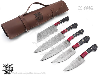 Handmade Damascus Kitchen Knife Set with wood handle and Damascus Steel Blade, Chef’s Knives set with Leather Pouch Roll and High Tempered Razor-Sharp Blade (CS-05)