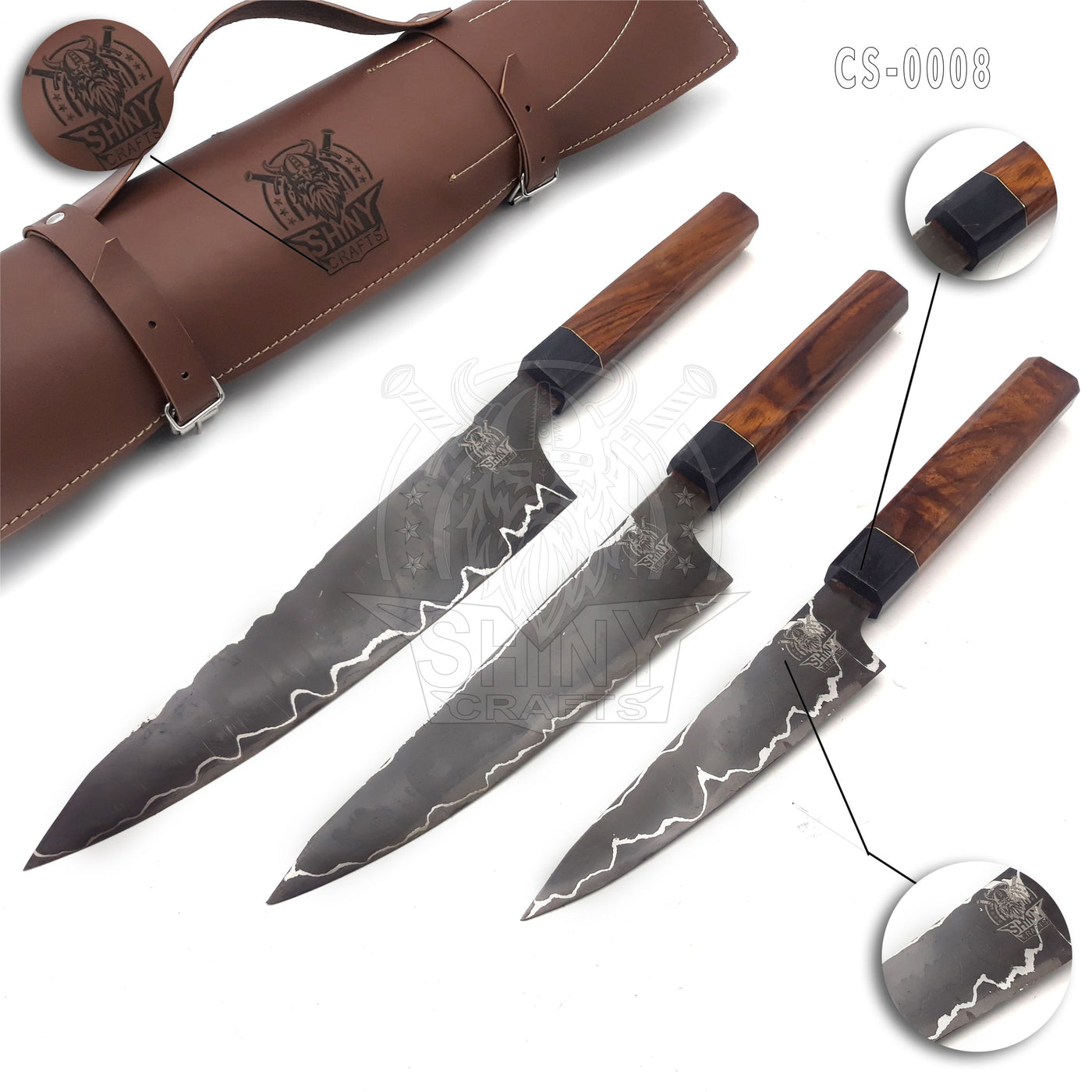 Custom Handmade Rare San Mai Steel Kitchen Knife Set with wood handle and Mix Steel Blade, Chef’s Knives set with Leather Pouch Roll and High Tempered Razor-Sharp Blade (CS-08)