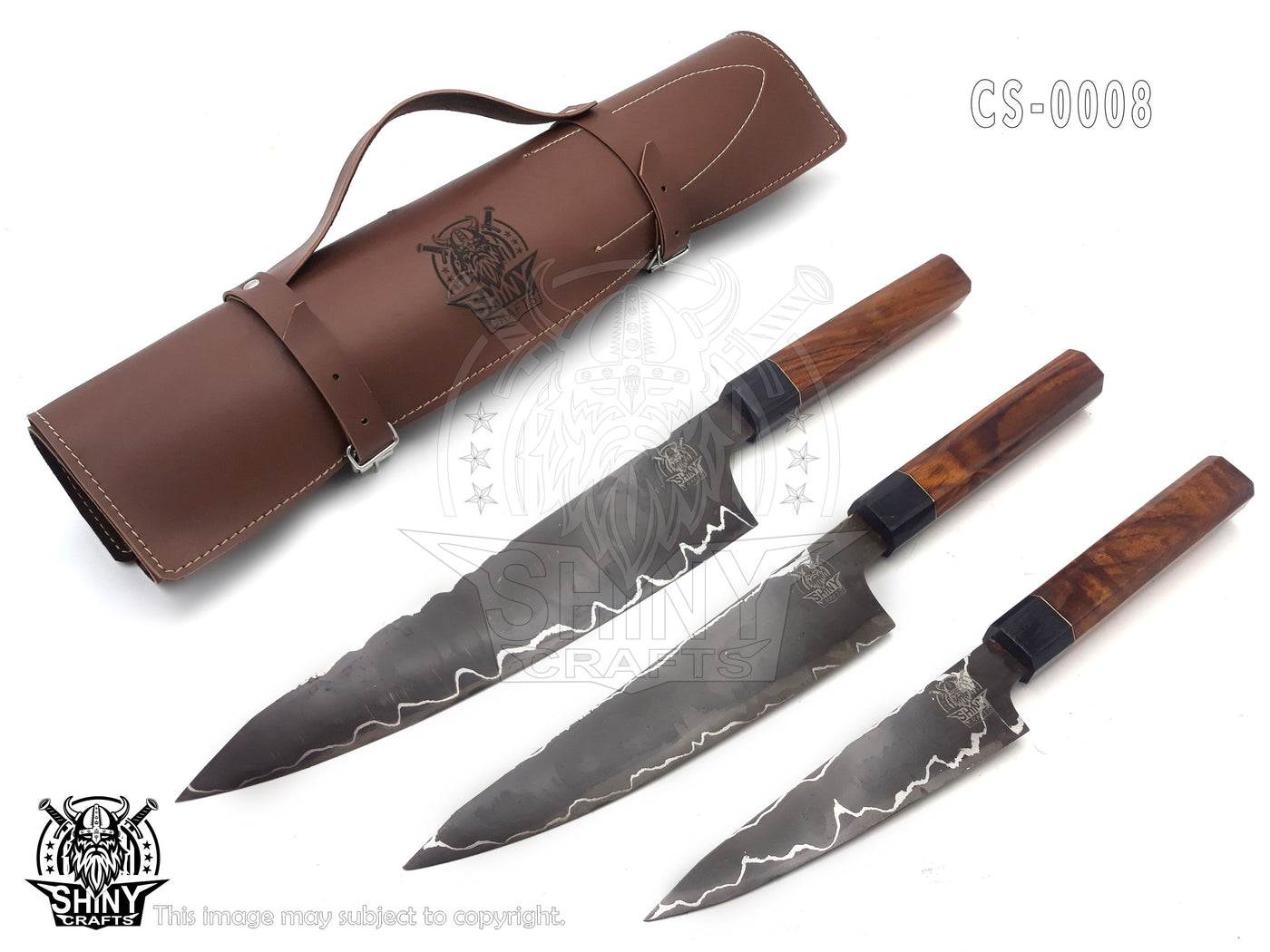 Custom Handmade Rare San Mai Steel Kitchen Knife Set with wood handle and Mix Steel Blade, Chef’s Knives set with Leather Pouch Roll and High Tempered Razor-Sharp Blade (CS-08)