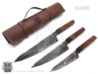 Custom Handmade Rare San Mai Steel Kitchen Knife Set with wood handle and Mix Steel Blade, Chef’s Knives set with Leather Pouch Roll and High Tempered Razor-Sharp Blade (CS-08)