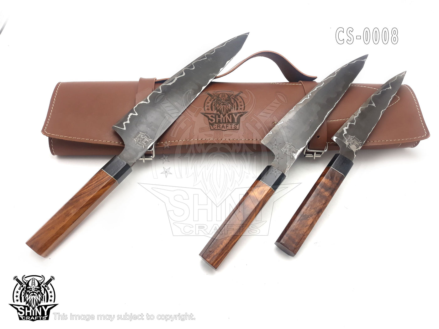 Custom Handmade Rare San Mai Steel Kitchen Knife Set with wood handle and Mix Steel Blade, Chef’s Knives set with Leather Pouch Roll and High Tempered Razor-Sharp Blade (CS-08)