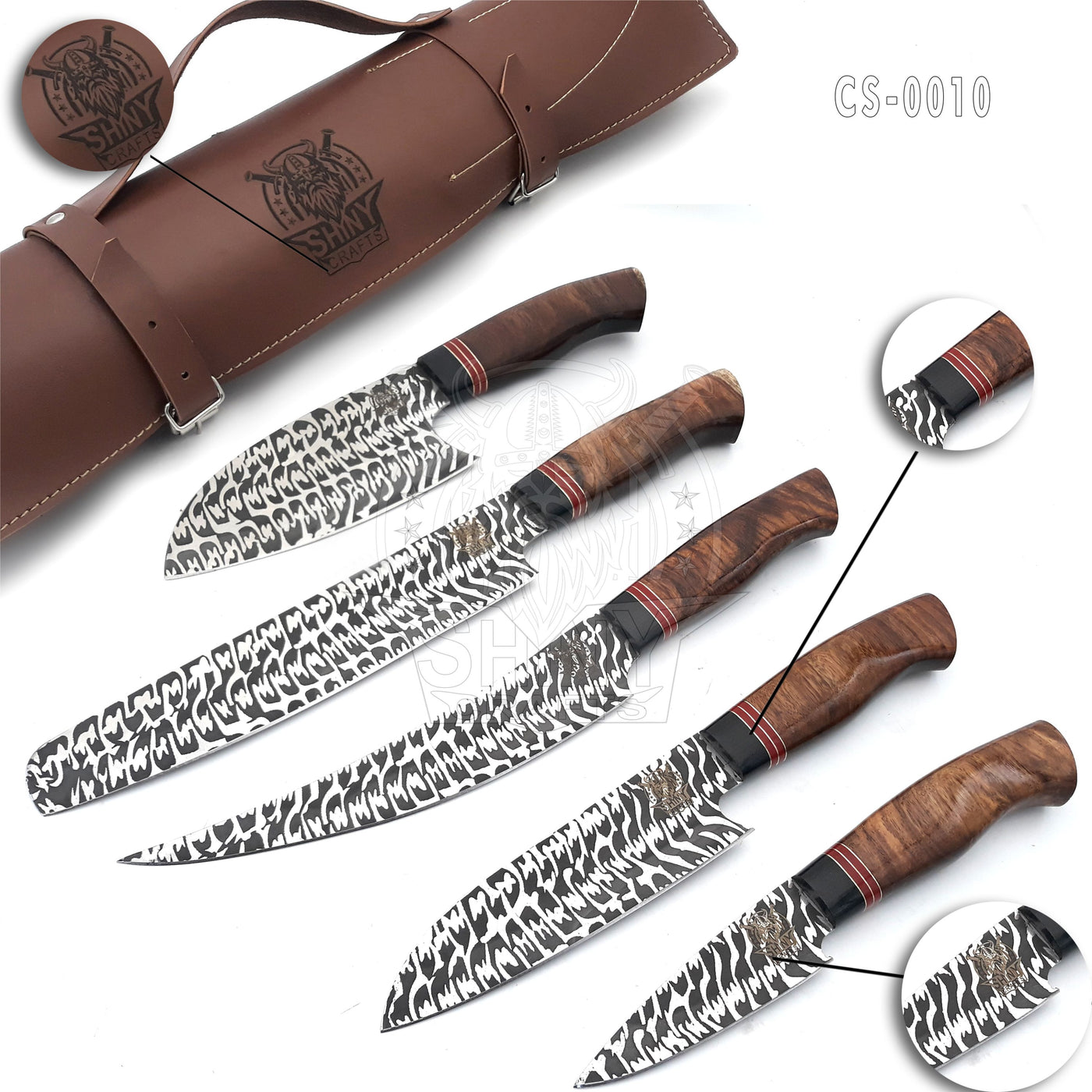 Handmade Damascus Kitchen Knife Set with wood handle and Damascus Steel Blade, Chef’s Knives set with Leather Pouch Roll and High Tempered Razor-Sharp Blade (CS-10)