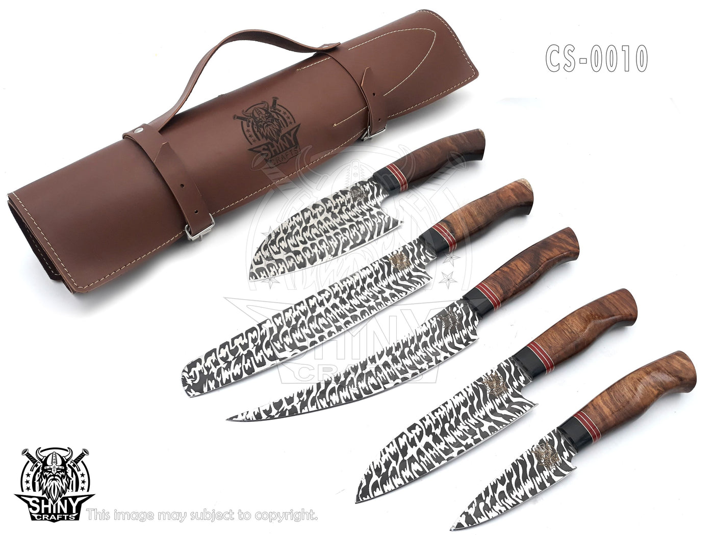 Handmade Damascus Kitchen Knife Set with wood handle and Damascus Steel Blade, Chef’s Knives set with Leather Pouch Roll and High Tempered Razor-Sharp Blade (CS-10)