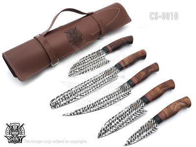 Handmade Damascus Kitchen Knife Set with wood handle and Damascus Steel Blade, Chef’s Knives set with Leather Pouch Roll and High Tempered Razor-Sharp Blade (CS-10)