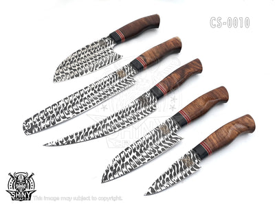 Handmade Damascus Kitchen Knife Set with wood handle and Damascus Steel Blade, Chef’s Knives set with Leather Pouch Roll and High Tempered Razor-Sharp Blade (CS-10)