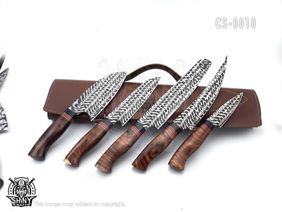 Handmade Damascus Kitchen Knife Set with wood handle and Damascus Steel Blade, Chef’s Knives set with Leather Pouch Roll and High Tempered Razor-Sharp Blade (CS-10)