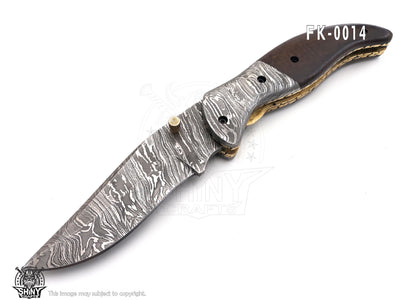 Beautiful Damascus Pocket knife with Damascus Handle & Blade, Folding knife with liner lock, Camping Knife, Hunting knife with Premium Leather Sheath (FK-14)