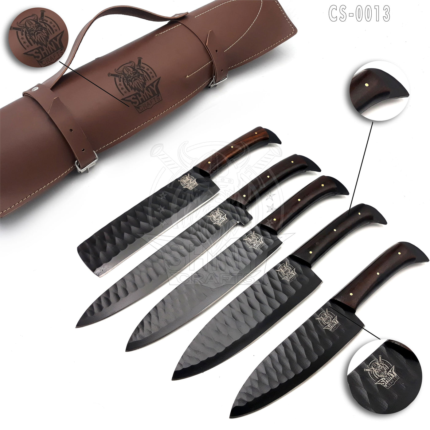 Handmade Forged Black Coated Kitchen Knife Set with Wangi wood handle and Damascus Steel Blade, Chef’s Knives set with Leather Pouch Roll and Razor-Sharp Blade (CS-13)