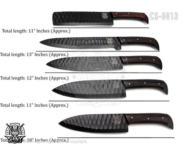 Handmade Forged Black Coated Kitchen Knife Set with Wangi wood handle and Damascus Steel Blade, Chef’s Knives set with Leather Pouch Roll and Razor-Sharp Blade (CS-13)