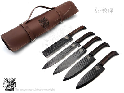 Handmade Forged Black Coated Kitchen Knife Set with Wangi wood handle and Damascus Steel Blade, Chef’s Knives set with Leather Pouch Roll and Razor-Sharp Blade (CS-13)