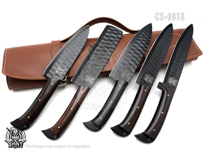 Handmade Forged Black Coated Kitchen Knife Set with Wangi wood handle and Damascus Steel Blade, Chef’s Knives set with Leather Pouch Roll and Razor-Sharp Blade (CS-13)