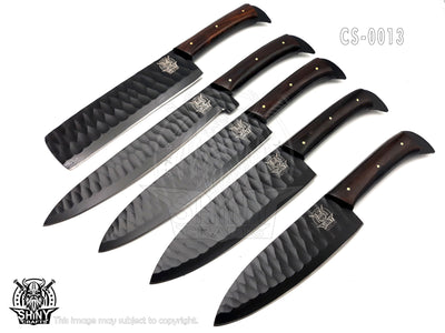 Handmade Forged Black Coated Kitchen Knife Set with Wangi wood handle and Damascus Steel Blade, Chef’s Knives set with Leather Pouch Roll and Razor-Sharp Blade (CS-13)