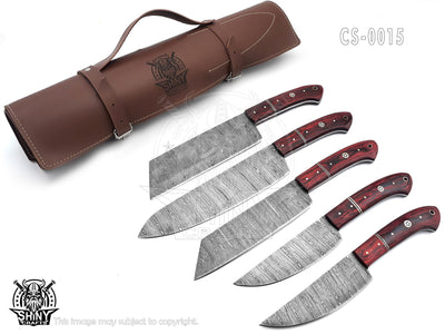 Handmade Damascus Kitchen Knife Set with wood handle and Damascus Steel Blade, Chef’s Knives set with Leather Pouch Roll and High Tempered Razor-Sharp Blade (CS-15)