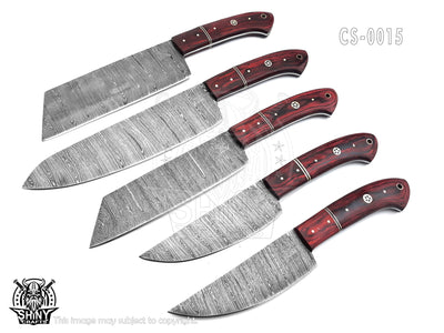 Handmade Damascus Kitchen Knife Set with wood handle and Damascus Steel Blade, Chef’s Knives set with Leather Pouch Roll and High Tempered Razor-Sharp Blade (CS-15)