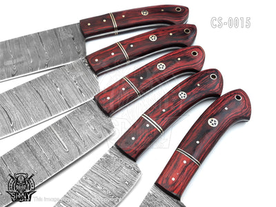 Handmade Damascus Kitchen Knife Set with wood handle and Damascus Steel Blade, Chef’s Knives set with Leather Pouch Roll and High Tempered Razor-Sharp Blade (CS-15)