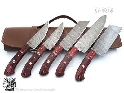 Handmade Damascus Kitchen Knife Set with wood handle and Damascus Steel Blade, Chef’s Knives set with Leather Pouch Roll and High Tempered Razor-Sharp Blade (CS-15)