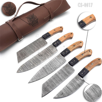 Handmade Damascus Kitchen Knife Set with Camel Bone handle and Damascus Steel Blade, Chef’s Knives set with Leather Pouch Roll and High Tempered Razor-Sharp Blade (CS-17)