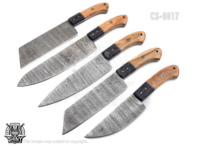 Handmade Damascus Kitchen Knife Set with Camel Bone handle and Damascus Steel Blade, Chef’s Knives set with Leather Pouch Roll and High Tempered Razor-Sharp Blade (CS-17)