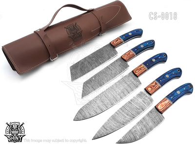 Handmade Damascus Kitchen Knife Set with wood handle and Damascus Steel Blade, Chef’s Knives set with Leather Pouch Roll and High Tempered Razor-Sharp Blade (CS-18)