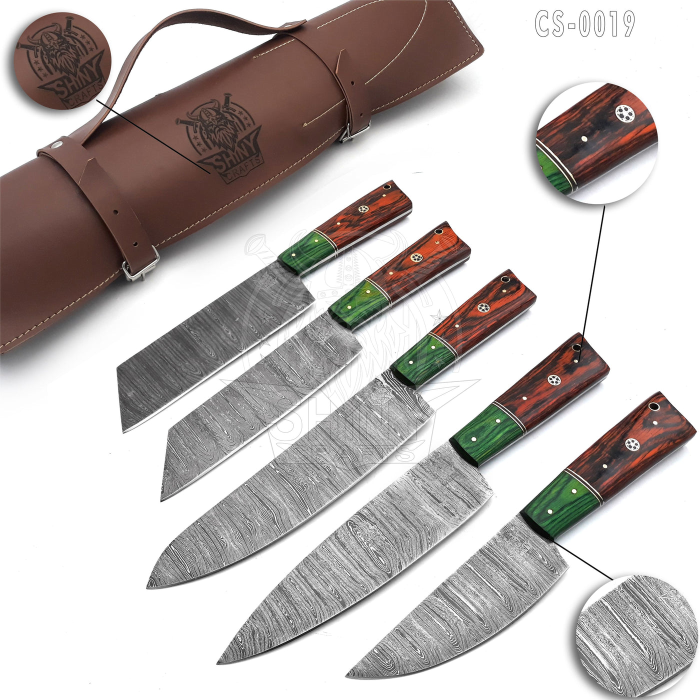 Handmade Damascus Kitchen Knife Set with wood handle and Damascus Steel Blade, Chef’s Knives set with Leather Pouch Roll and High Tempered Razor-Sharp Blade (CS-19)