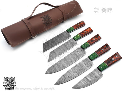 Handmade Damascus Kitchen Knife Set with wood handle and Damascus Steel Blade, Chef’s Knives set with Leather Pouch Roll and High Tempered Razor-Sharp Blade (CS-19)