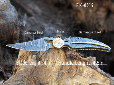 Beautiful Damascus Pocket knife with Damascus Handle & Blade, Folding knife with liner lock, Camping Knife, Hunting knife with Premium Leather Sheath (FK-19)