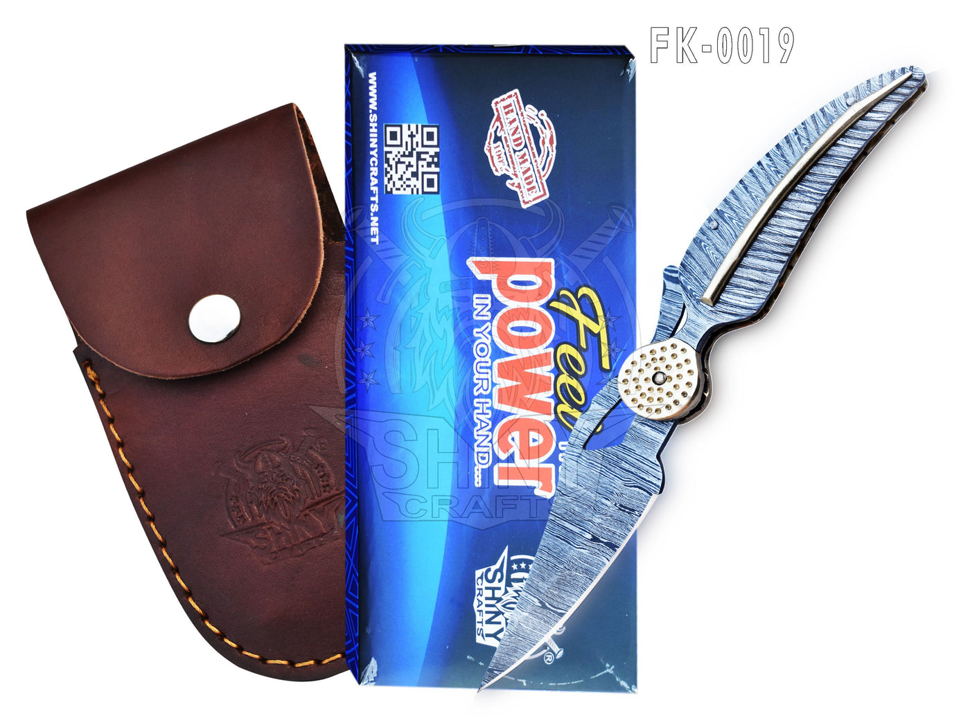 Beautiful Damascus Pocket knife with Damascus Handle & Blade, Folding knife with liner lock, Camping Knife, Hunting knife with Premium Leather Sheath (FK-19)