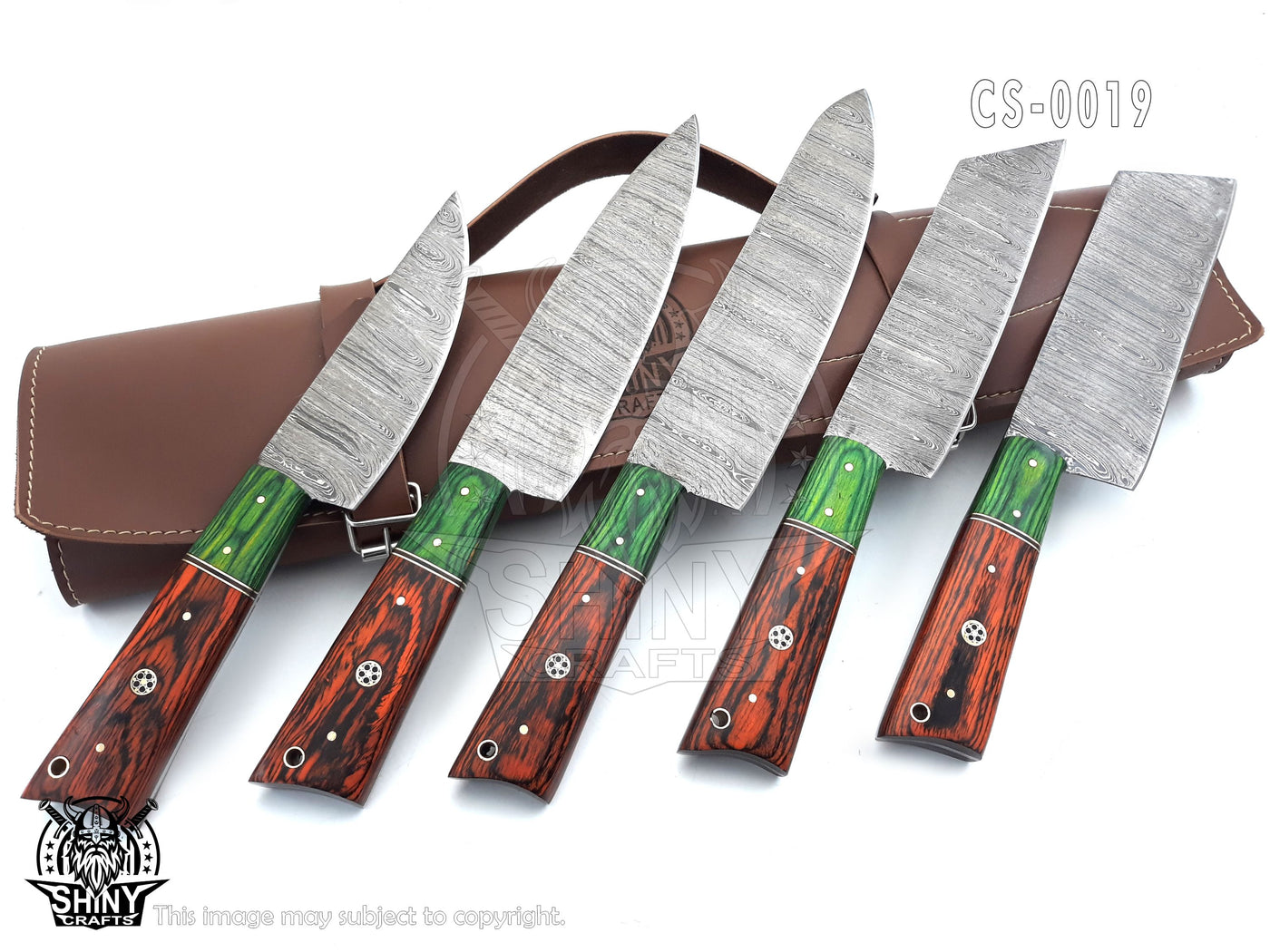 Handmade Damascus Kitchen Knife Set with wood handle and Damascus Steel Blade, Chef’s Knives set with Leather Pouch Roll and High Tempered Razor-Sharp Blade (CS-19)