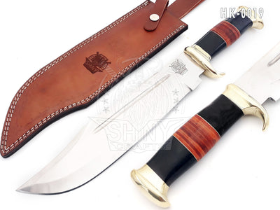 18" Large Handmade Forged Crocodile Dundee Knife, With Horn and Leather Handle with Premium Leather Sheath (HK-19)