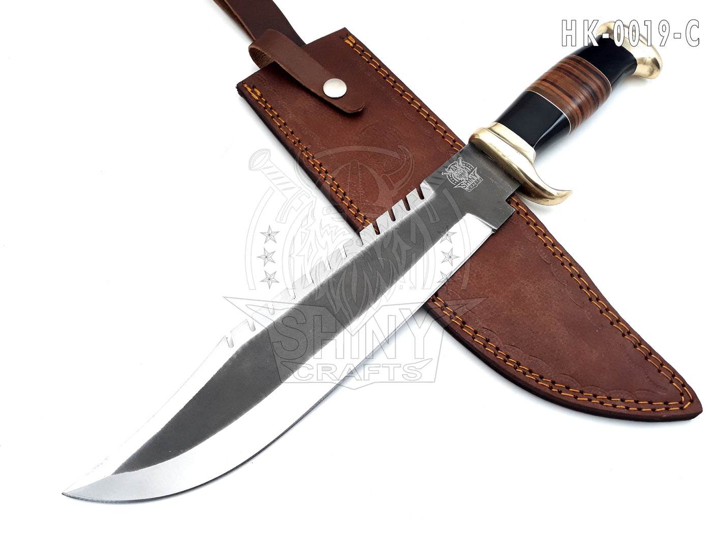 18" Large Handmade Forged Crocodile Dundee Knife, Acid Washed Steel Blade with Horn and Leather Handle with Premium Leather Sheath (HK-19-C)