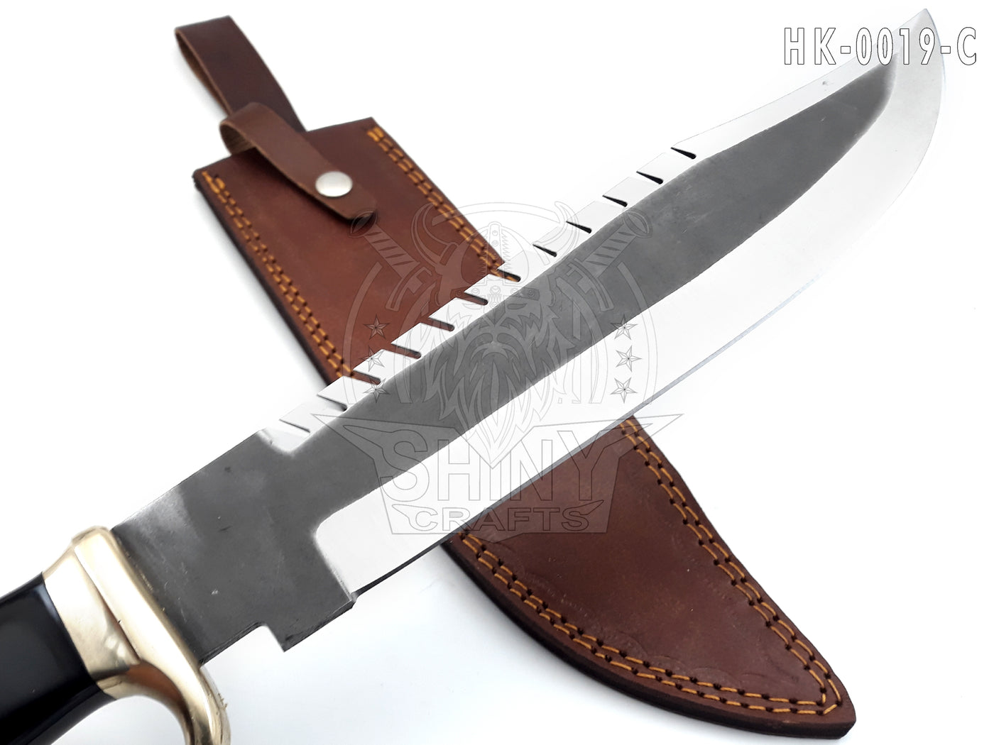 18" Large Handmade Forged Crocodile Dundee Knife, Acid Washed Steel Blade with Horn and Leather Handle with Premium Leather Sheath (HK-19-C)