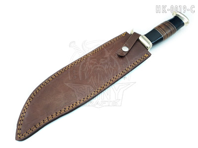 18" Large Handmade Forged Crocodile Dundee Knife, Acid Washed Steel Blade with Horn and Leather Handle with Premium Leather Sheath (HK-19-C)