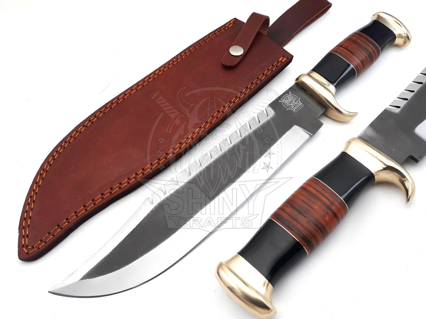 18" Large Handmade Forged Crocodile Dundee Knife, Acid Washed Steel Blade with Horn and Leather Handle with Premium Leather Sheath (HK-19-C)