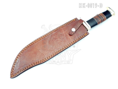 18" Large Handmade Forged Crocodile Dundee Knife, Custom D2 Steel Blade with Horn and Leather Handle with Premium Leather Sheath (HK-19-D)