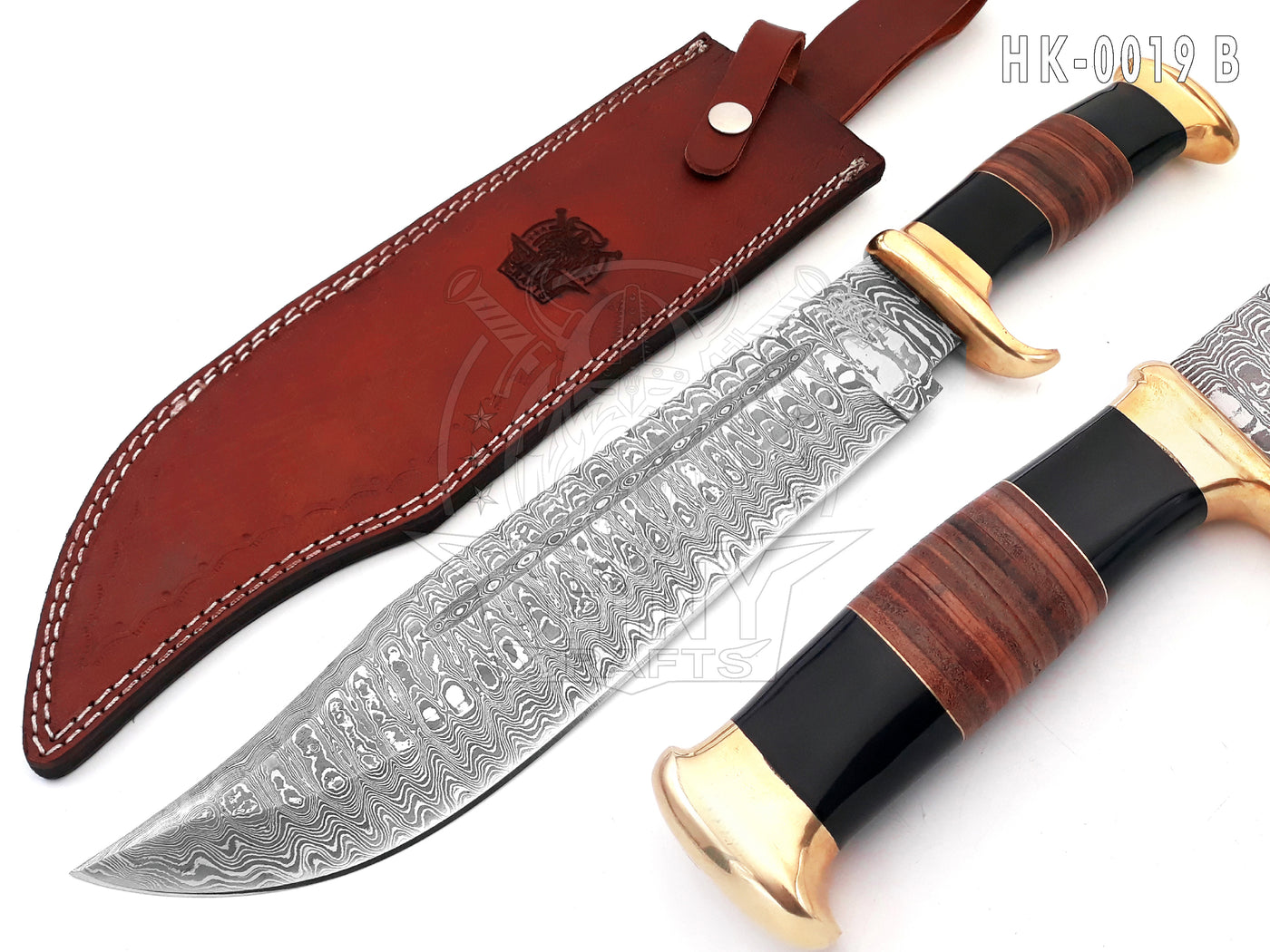 18" Large Handmade Forged Crocodile Dundee Knife, Damascus Steel Blade with Horn and Leather Handle with Premium Leather Sheath (HK-19-B)