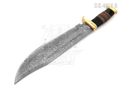 18" Large Handmade Forged Crocodile Dundee Knife, Damascus Steel Blade with Horn and Leather Handle with Premium Leather Sheath (HK-19-B)