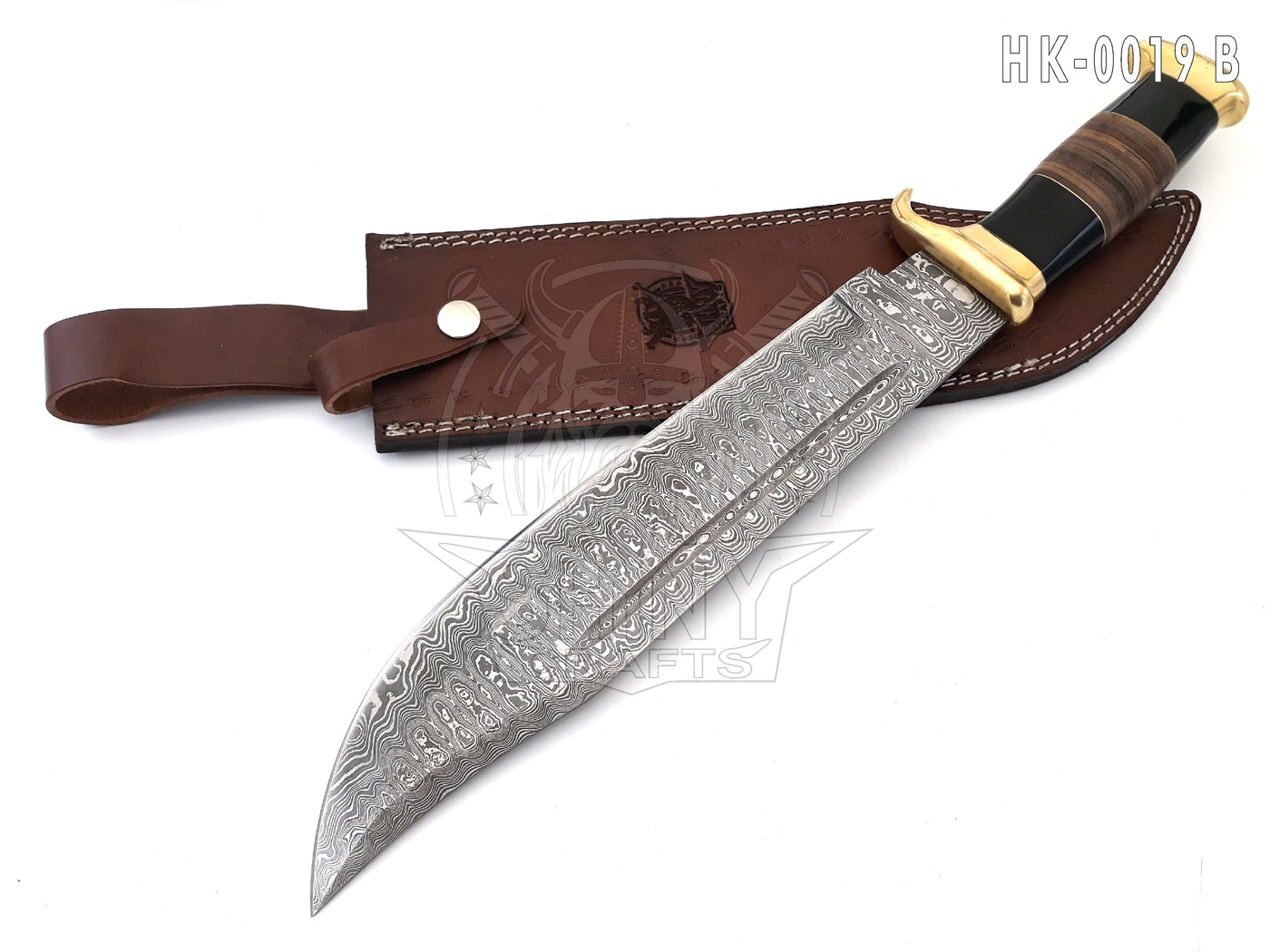 18" Large Handmade Forged Crocodile Dundee Knife, Damascus Steel Blade with Horn and Leather Handle with Premium Leather Sheath (HK-19-B)