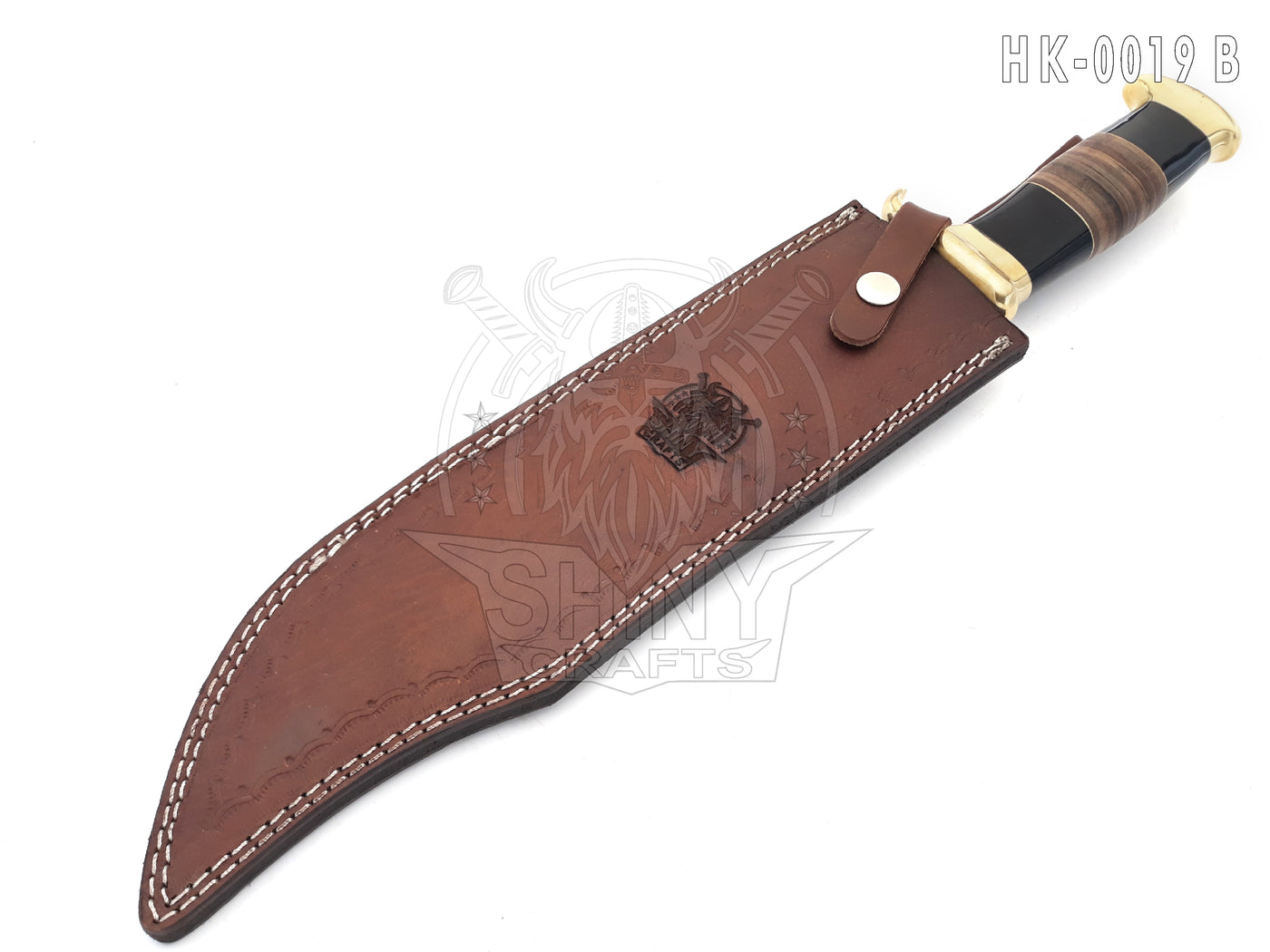 18" Large Handmade Forged Crocodile Dundee Knife, Damascus Steel Blade with Horn and Leather Handle with Premium Leather Sheath (HK-19-B)